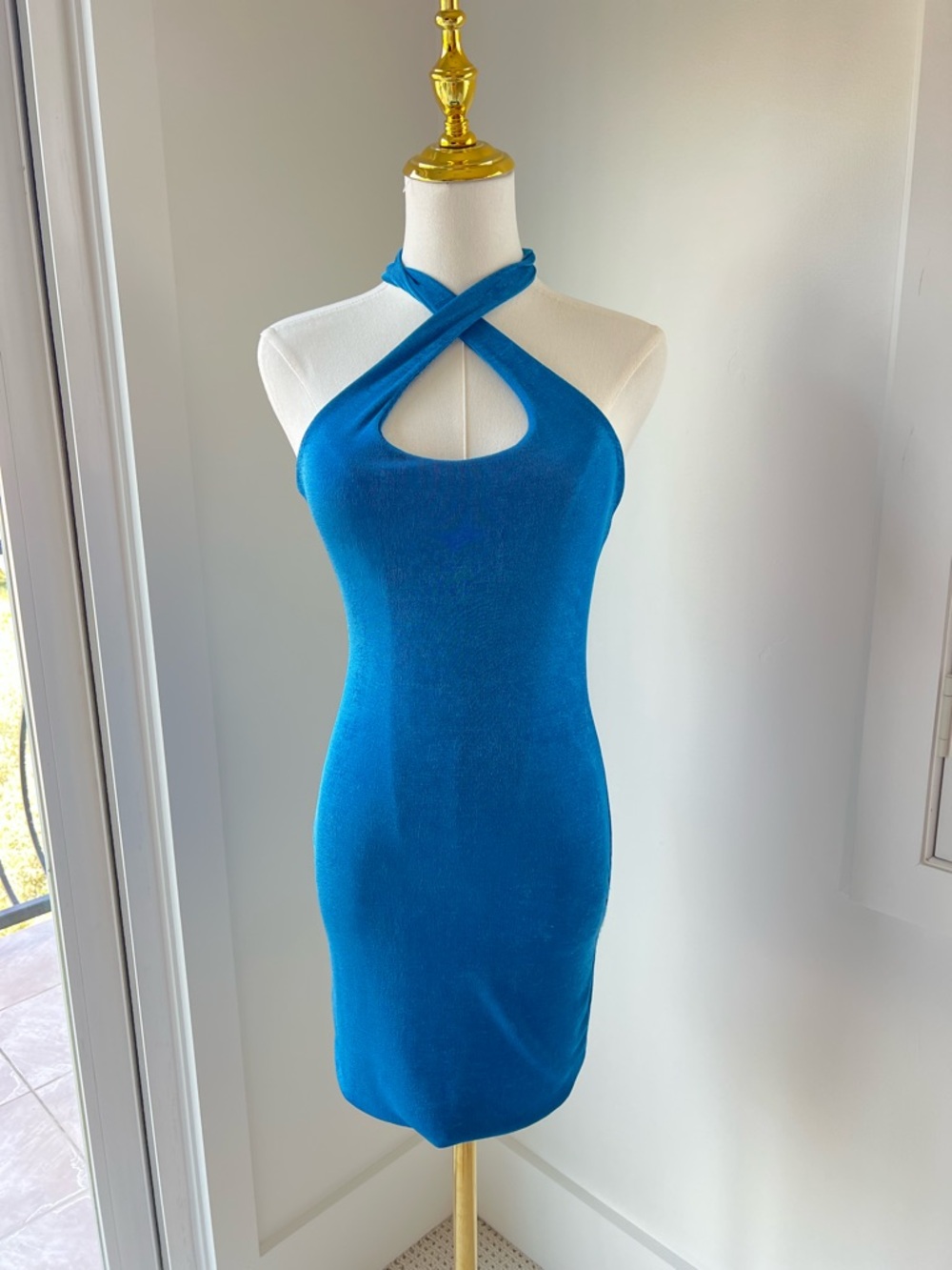 Blue Halter Cross-Front Bodycon Dress